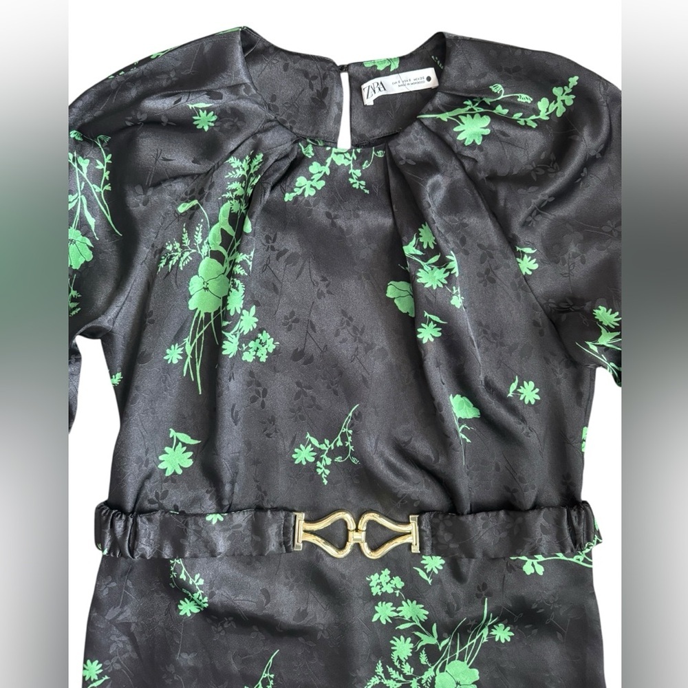 Zara Green Black Jacquard Floral Print Belted Mini Dress, Size S - Picture 3 of 16